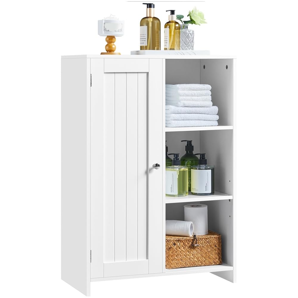 Yaheetech Salle de Bain Moderne avec Porte Unique 56 cm×30 cm×81 cm, Blanc | Meuble de Rangement avec Compartiment Ouvert et Étagères Réglables, Armoire Rangement pour Salle de Bains/Salon/Bureau