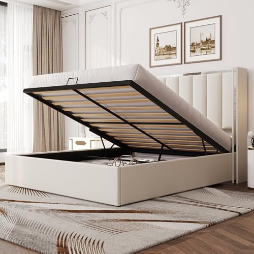 LUXOAK Polsterbett mit Bettkasten, 115 cm hohes Kopfteil, Stauraum, Liftfunktion & Chrom-Design, Massivholzrahmen – Samt (Cremeweiß, 140 x 200 cm)