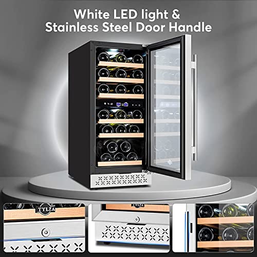 Image of Tylza 15 Inch Wine Fridge, 30 Bottles Dual Zone Wine Cooler Refrigerator, Undercounter or Freestanding, 40-65F, Wine Cabinet with Tempered Glass Door, Wine Cooler for Home, Kitchen, Bar