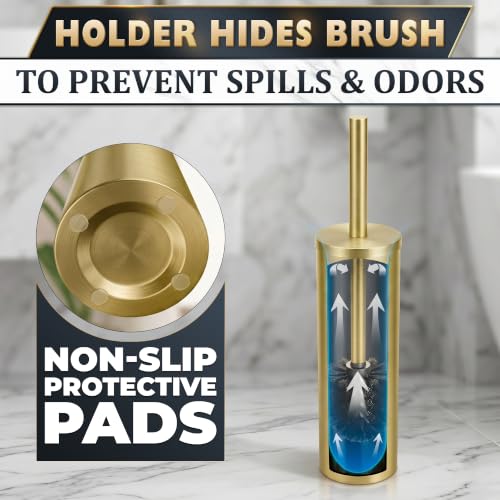 Image of Gold Toilet Brush and Holder Set of 3, Brushed Gold, Satin Finish