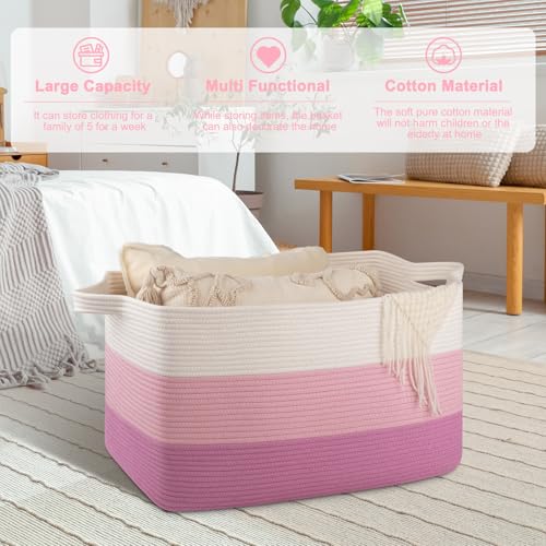 Image of OIAHOMY Extra Large Blanket Basket, 95L Cotton Rope Woven Laundry Basket, Toy Bin for Baby Room, Container for Blanket Storage in Living Room, 24''x17''x14'', Gradient Pink
