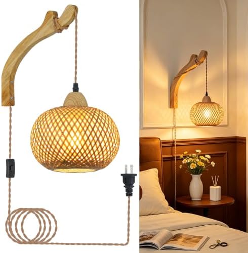 Frideko Bamboo Lantern Plug in Wall Sconces Wicker Wall Lamp with...