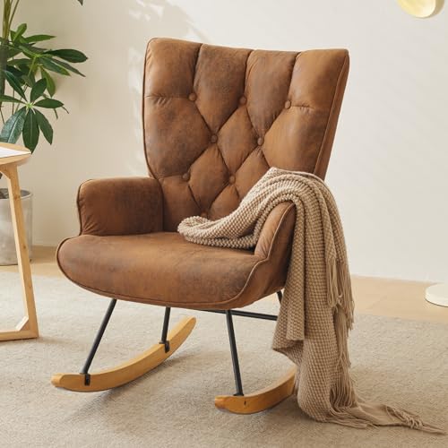 Imseigo Nursery Rocking Chair Hot Stamping Fabric Upholstered Glider Rocker Rocking Accent Chair Padded Seat with High Backrest Armchair Comfy Side Chair for Living Room Bedroom Offices (Brown)