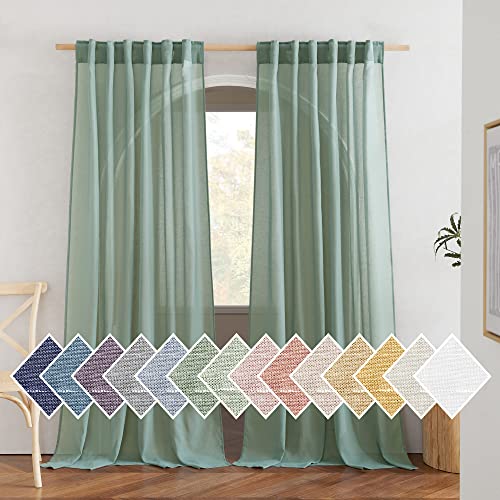 NICETOWN Olive Green Linen Sheer Curtains for Living Room, Rod Pocket & Back Tab Semi Sheer Vertical Drapes Linen Weave Privacy with Light Filter for