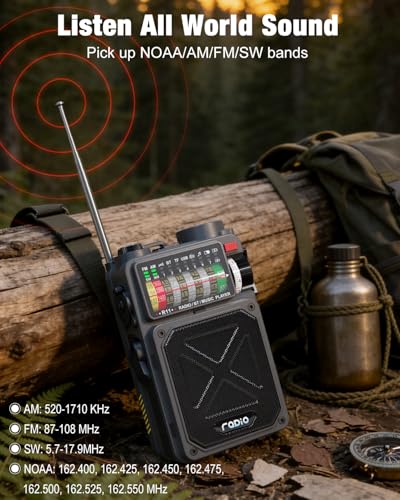 Image of Portable Shortwave Radios with NOAA /SW /AM /FM, for Camping & Home | Bluetooth Speaker,TF Playback,Solar Powered,Hand Crank,Flashlight,SOS Alarm,Weather Alert,Phone Charger