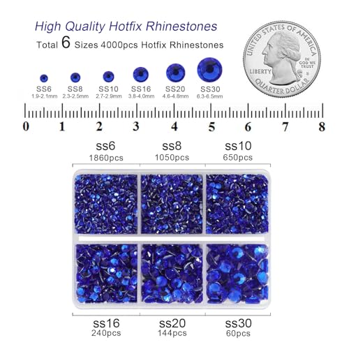 Image of BEADSLAND Hotfix Rhinestones, 4000 PCS Dark Blue Rhinestones for Clothes Crafts Mixed 6 Sizes with Wax Pencil and Tweezers Kit, SS6-SS30, Sapphire