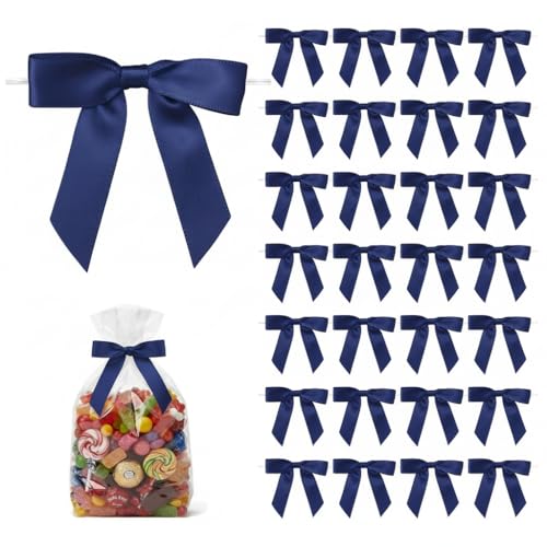 50 Pack Satin Twist Tie Bows 2.75 Inch Pre-Tied Mini Ribbon Bows for Gift Bags Treat Bags Party Favor Bags and Small Gift Packaging (Navy Blue)