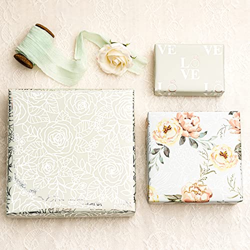 Lezakaa Silver Wrapping Paper Roll - Mini Roll - Flower & Love And Ring With Metallic Foil Design For Wedding, Engagement,Bridal Shower - 17 X 120 Inches, 3 Rolls (42.5 Sq.ft.ttl.) #TOP1