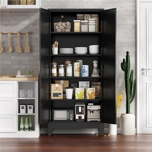 Image of Farmhouse Pantry Cabinet with Barn Doors, 71 inch H x 31.5 inch W, 5-Tier Metal Storage Cabinet with 4 Adjustable Shelves for Kitchen Garage Dining Room, Black 1 Pack