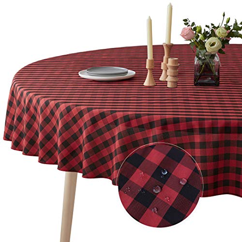 VEEYOO Waterproof Checkered Tablecloth - 90 inch Round Buffalo Plaid Tablecloth, Polyester Stain Resistant and Spillproof Table Cloth for Wedding, Picnic,Party, Home Dinner ( Black & Red Tablecloth )
