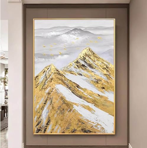 Peinture murale moderne oiseau de montagne et feuille d'or peinte à la main