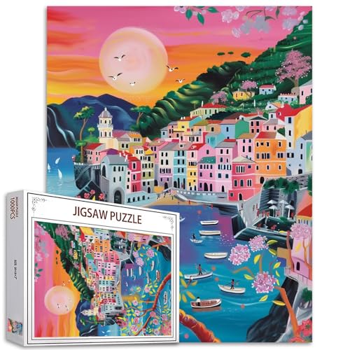 1000 Piece Jigsaw Puzzles for Adults Seaside Townscape Painting Jigsaw Puzzle Sunsets Puzzles for Challenging Family Activity Game DIY Puzzle Wall Decor Family Puzzle Perfect for Game Nights Gift