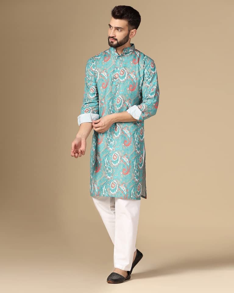 Image of Leriya Fashion Rayon Printed Regular Men's Kurta (LF-M144 Green1