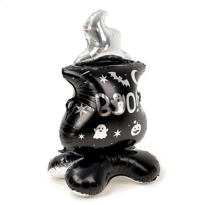 Image of AMFIN (Pack of 1) 44 Inch Halloween Boo! Balloon Giant Self-Standing Foil Cauldron Balloon with Ghost & Pumpkin Design - Inflatable Party Decoration for Haunted House, Yard & Photo Booth - Black