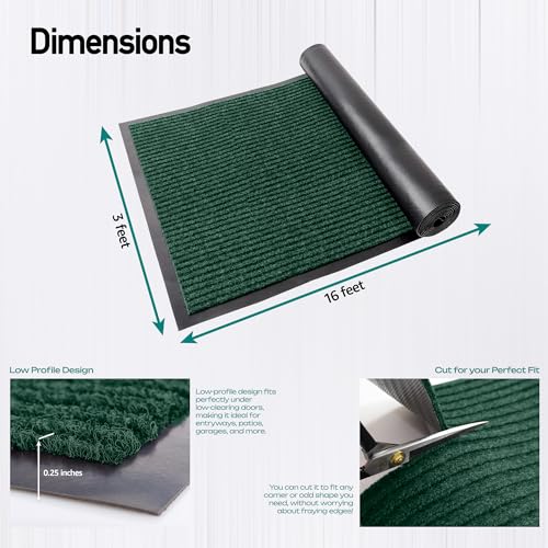 Image of Durable Rubber Door Mat - Heavy Duty, Indoor /Outdoor, Easy Clean, Waterproof, Low-Profile Mat for Entry, Patio, Garage - Stylish (Green, 16' x 3' (Mud Trapper))