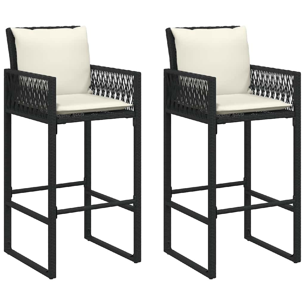 vidaXL Garden Bar Stools with Cushions 2 pcs, Bar Chair for Outdoor Patio Balcony Terrace, Counter Stool for Dinner, Pub Chair, Black Poly Rattan