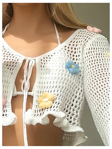 Milumia Women's Tie Crochet Long Sleeve Open Front Lightweight Knit Cropped Cardigan Sweaters Cover Up4