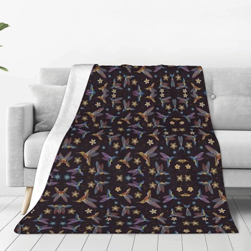 FHIZOAL Manta de franela de microforro polar con bordado de colibríes y flores, transpirable, agradable a la piel, para sofá, cama, sala de estar