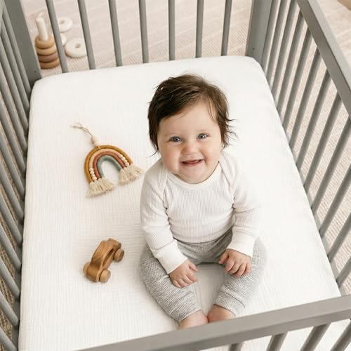 Image of Muslin Mini Crib Sheet (38 inchx24 inch), 100% Cotton Cover, Breathable & Soft Mattress Pad, Boho White for Boys Girls(1 Pack)