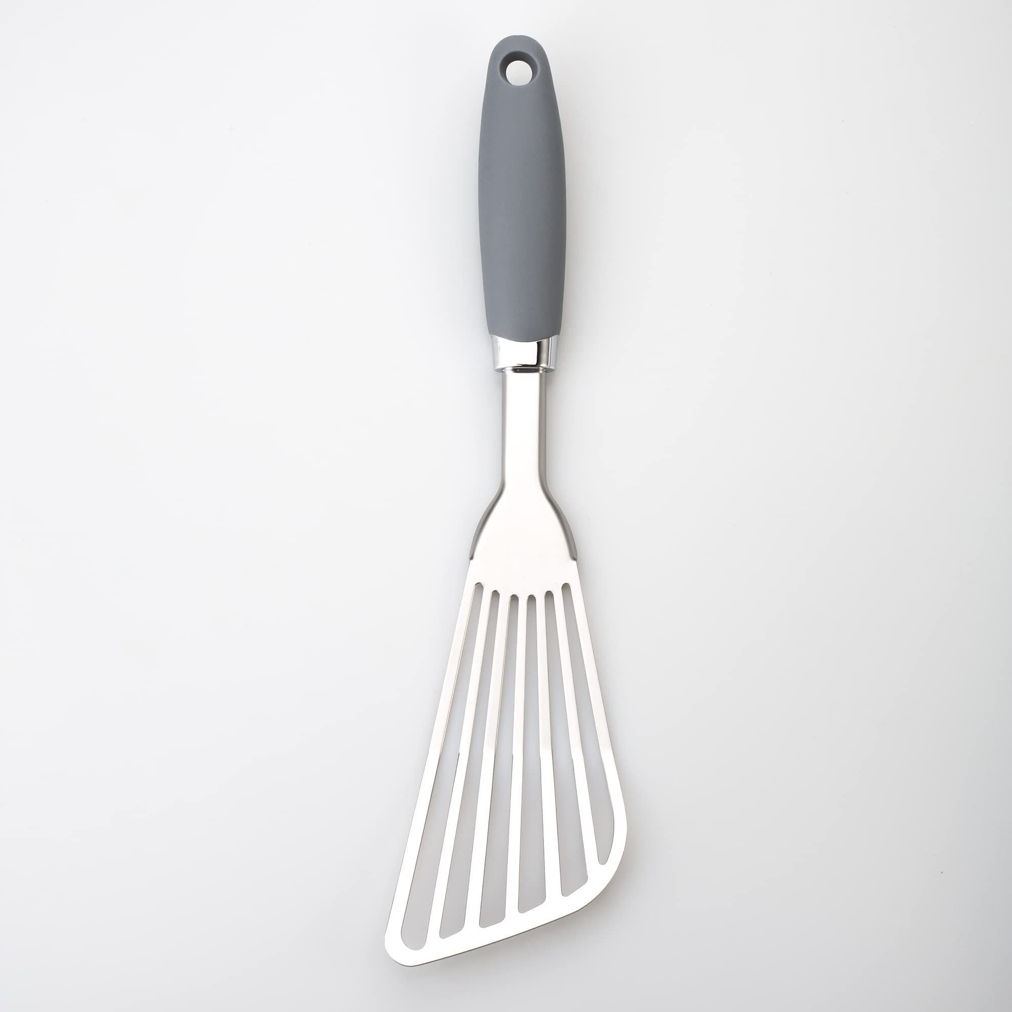 Espátula de acero inoxidable 304, espátula ranurada con mango ergonómico antideslizante, color gris