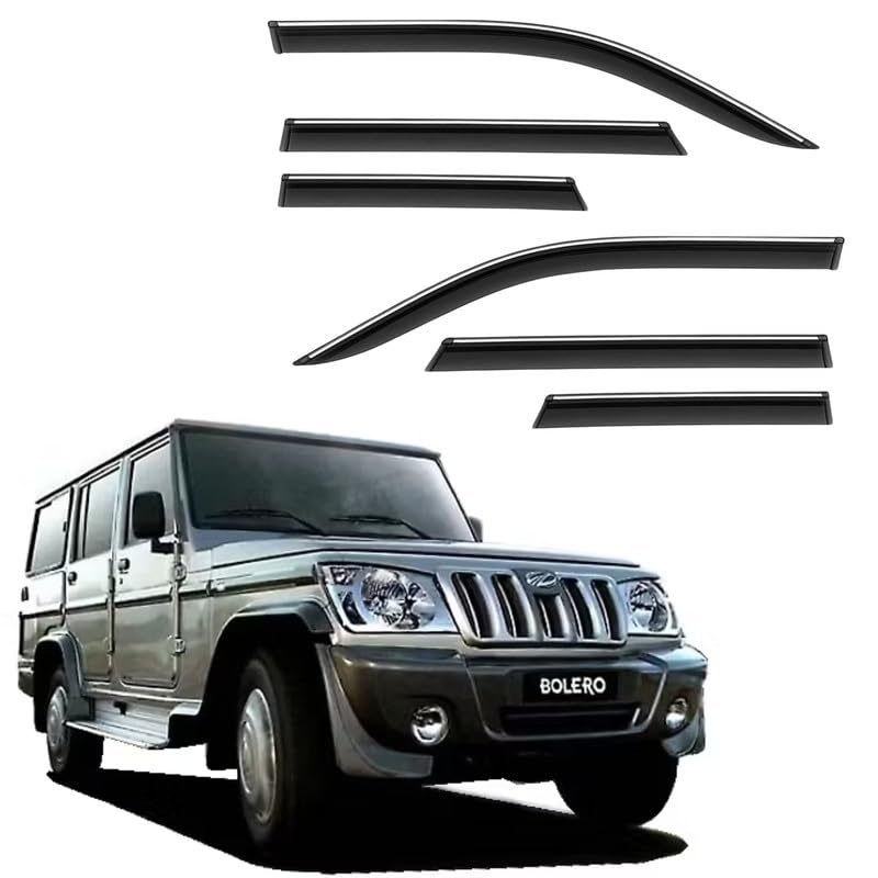 Image of CAR SAAZ Side Door Visors for Bolero XL(2000-2007)(Set of 6Pcs)|Chrome Lined Rain Guards, Polycarbonate, Smoke Finish