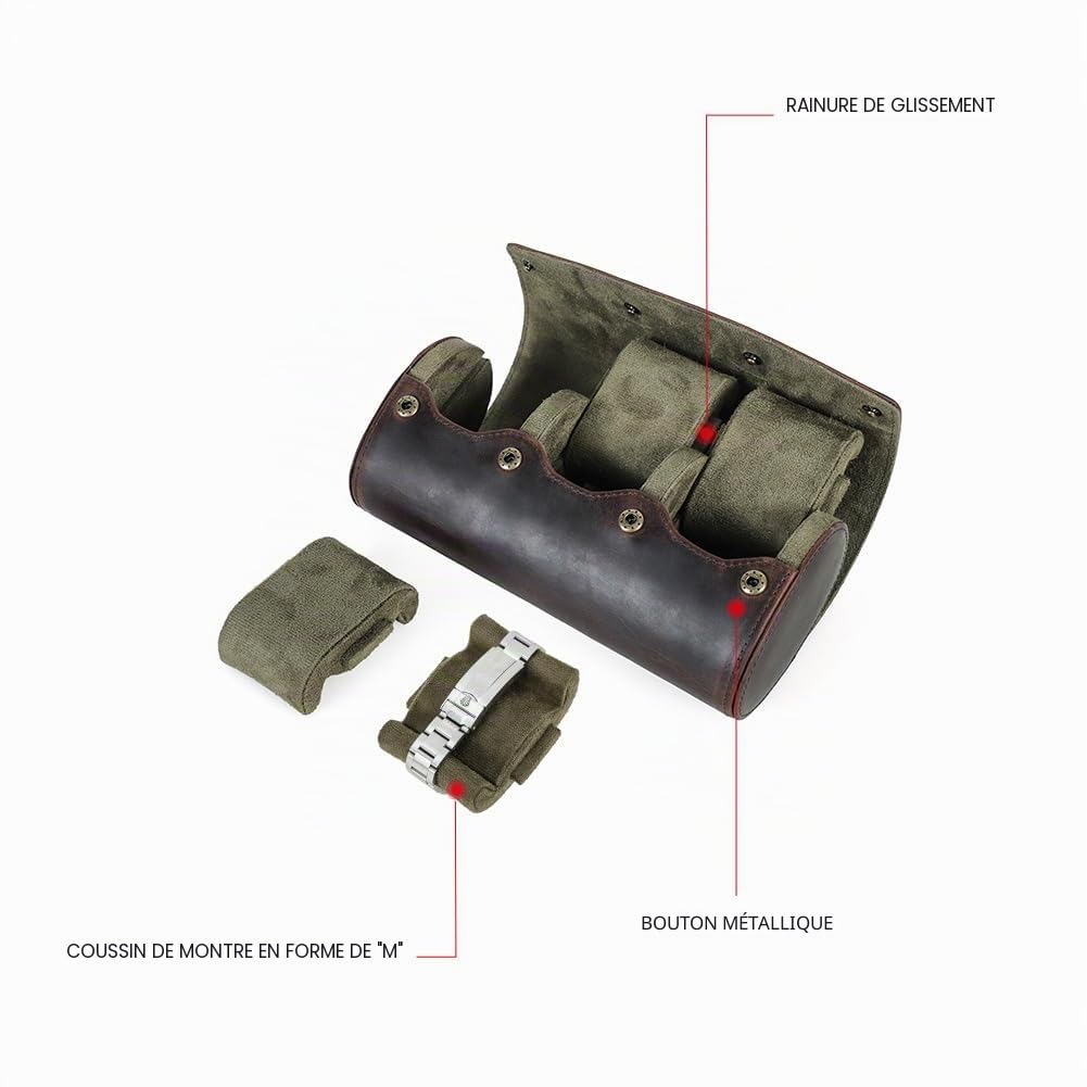 Hiram Étui rouleau en cuir véritable pour 3 montres, avec coussin amovible, organisateur de protection portable