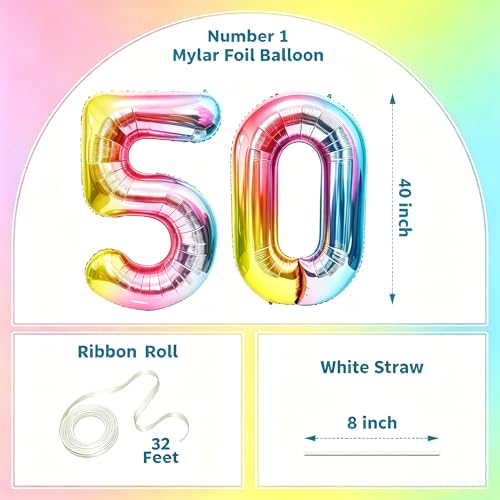 Image of Rainbow Number Balloons Birthday Balloons - Giant Number 50 Balloon 40 inch, Numbers Balloon Birthday Decorations, Rainbow Party Supplies for Baby Shower