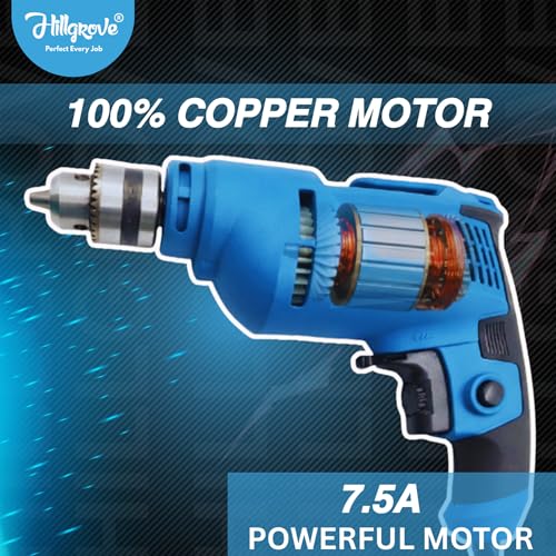 Image of Hillgrove HGCM1091M3 500W Power Drill Machine with 6Pcs Wood Working Hole Saw Drill Bits for Making Holes in Metal /Wood /Concrete with Reverse Rotation and Variable Speed Pistol Drill (10mm Chuck Size)