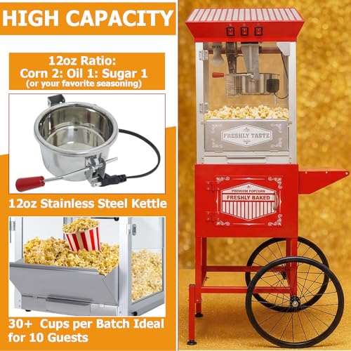 Image of Vintage Popcorn Machine with Cart & Wheels - 12 Oz Stainless Steel Kettle Makes 48 Cups, Portable Retro Cart for School, Church, Party, Carnival, Movie Theater, Concession & Home Use (Red)