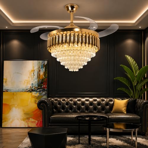 Image of Elegant Chandelier Ceiling Light for Living Room Hanging Pendant Light | Italian K9 Crystals | Metal Frame | Adjustable LED Light (Warm, Cool, Natural White) (Fan Chandelier-AD-600MM-Gold)