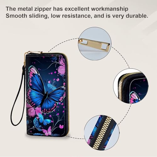 Women's Card Holder Wristlet Wallet, Convenient Travel Long Wallet with Strap and Pink Compact Mirror, Fashion and Sturdy Wristlet Long Purse for Women, Colorful Butterflies4
