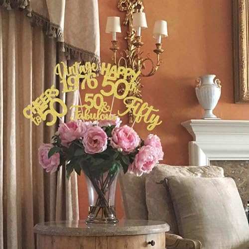 Image of 15 PCS 50th Birthday Centerpiece Sticks Fifty Happy 50th Vintage 1976 Table Flower Centerpieces Sticks Cheers to 50 Fabulous Floral Decorations for 50th Birthday Party Centerpieces Supplies Gold