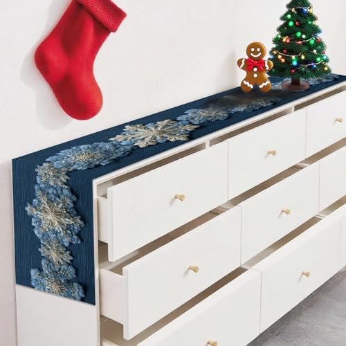 Image of Nuxovilar Blue Snowflake Table Runner Flax 13x72 in | Holiday Runner Flax Placemats Dining Accessories Set Winter Dinner Holiday Event Room (Blue Snowflake)