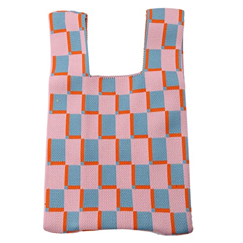 NUJUN Gestrickte Schachbrett-Frauen-Handtaschen-Geldbeutel-Plaid-weiche gewebte große Kapazitäts-beiläufige Beutel-Umhängetasche für Dame-Mädchen-Frauen,Rosa-grünes Farbgitter S Cover