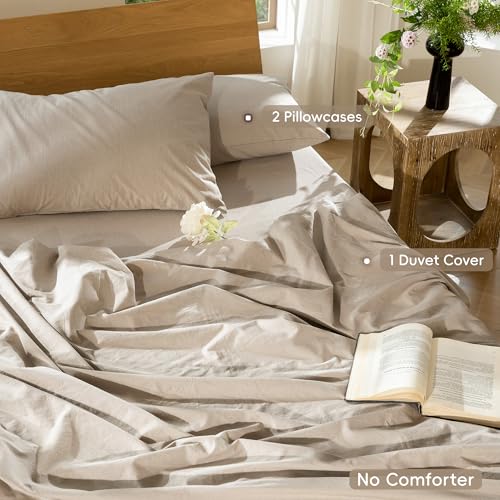 Image of MooMee Duvet Cover Set 100% Washed Cotton Linen Like King | Relaxed Linen-like Texture. Soft, Breathable & Long-lasting Comfort. Lightweight. Hidden Zipper with 8 Interior Corner Ties