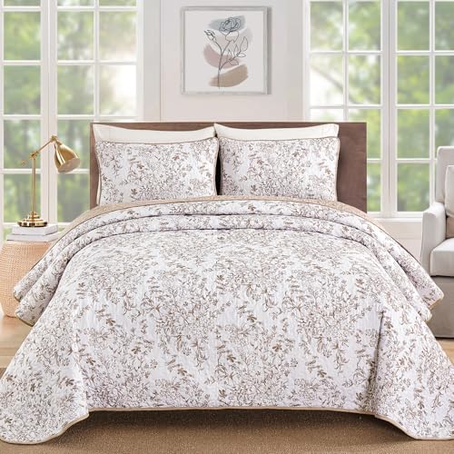 WONGS BEDDING King Size Quilt Set Brown Quilt Bedding Set with 2 Pillowcases Botanical Quilt for King Bed Soft Microfiber Lightweight Coverlet Bedspread for All Season (11090 3 Pieces)