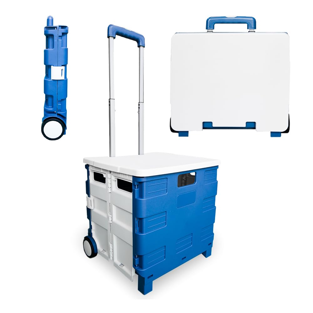Berry 40L Foldable Shopping Trolley - Blue and White, Plastic Trolley Cart with 2 Wheels and Lid, Portable Cart with Telescopic Handle, Multipurpose Utility Cart for Shopping, Teacher, Laundry