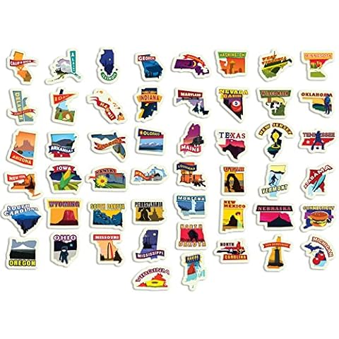 Sheet of All 50 US State Shaped Post Card Style Stickers (Vinyl Travel Decals for Cars, Laptop, Scrapbook, and Water Bottles, Made in The USA (1 inch Tall Each; 8 x 11 inch Sheet) Cover