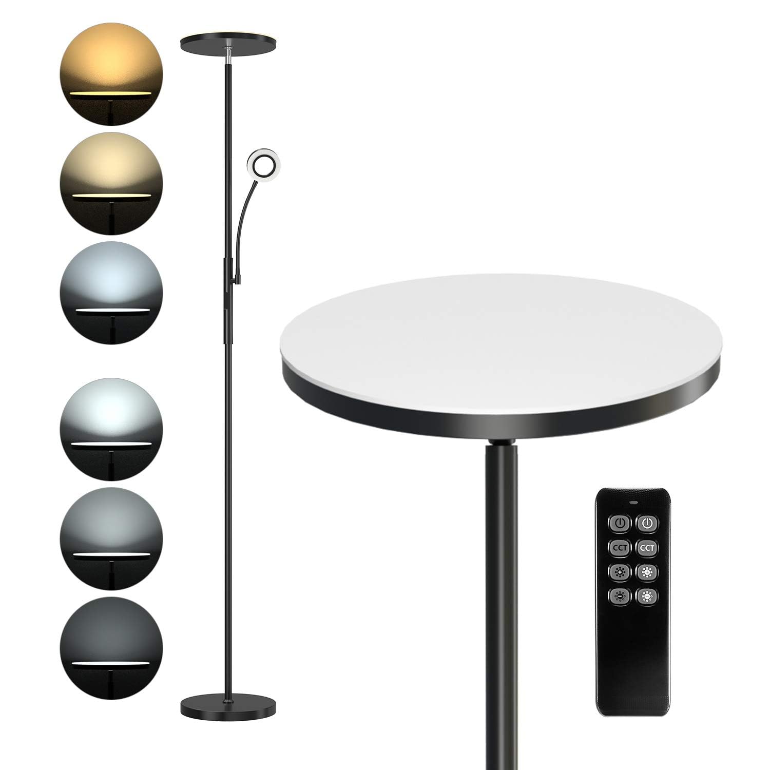 Anten 30W Lámpara de Pie LED con 5W Luz de Lectura, Lámpara de Pie Salón Regulable con Mando a Distancia, 3 Temperaturas de Color, Lámpara Moderna para Dormitorio, Estudio y Oficina