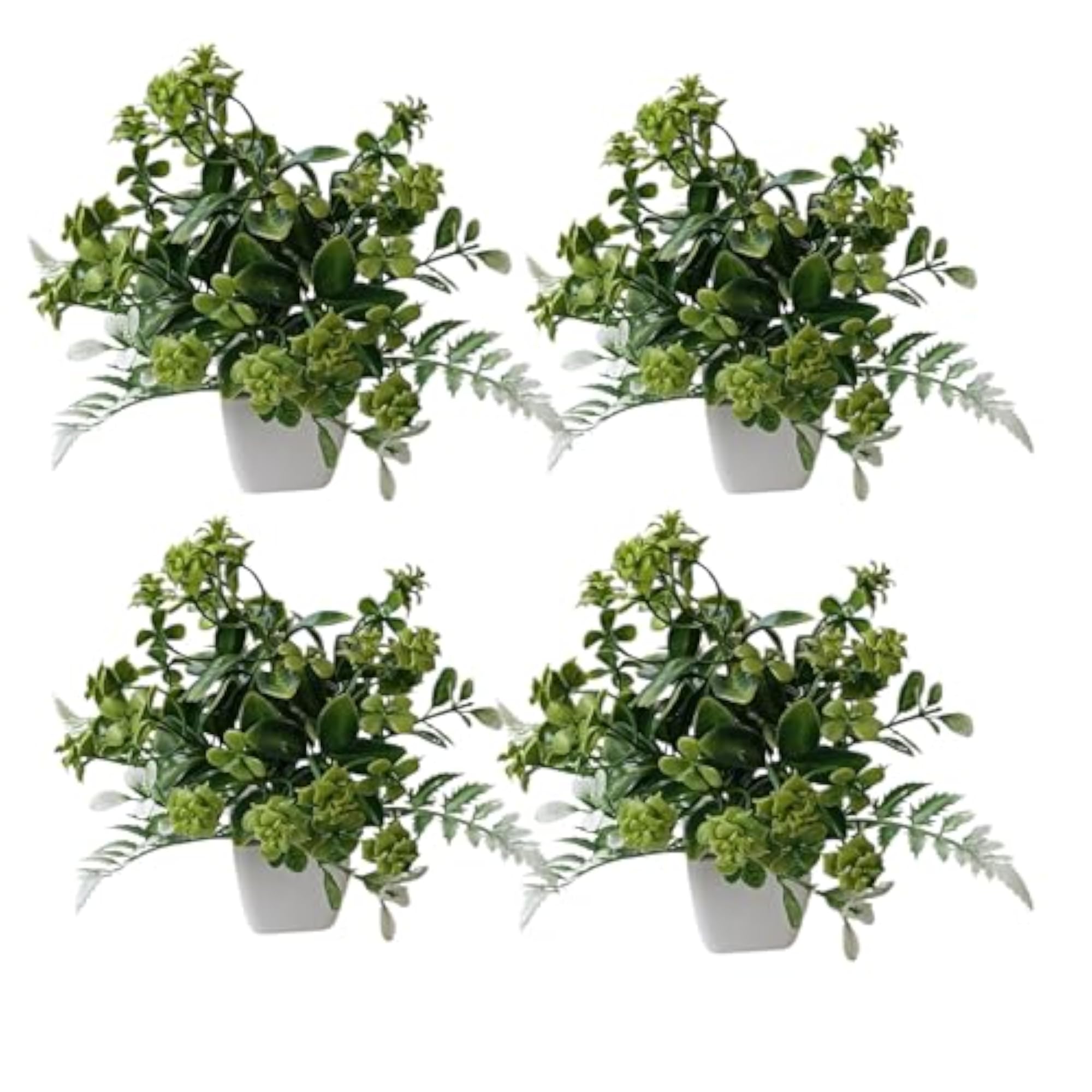 Artificial Green Leaf Plant with White Pot, Set of 4
