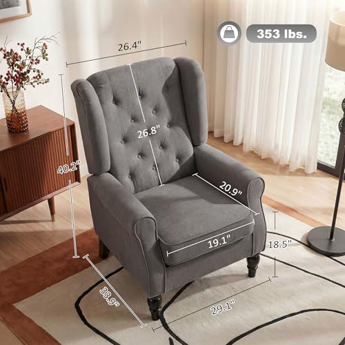 Image of Tufted Wingback Accent Manual Single Lounge Recliner Chair, Gray | Tufted Wingback Accent Chair, Upholstered Single Lounge Chair with Solid Wood Legs