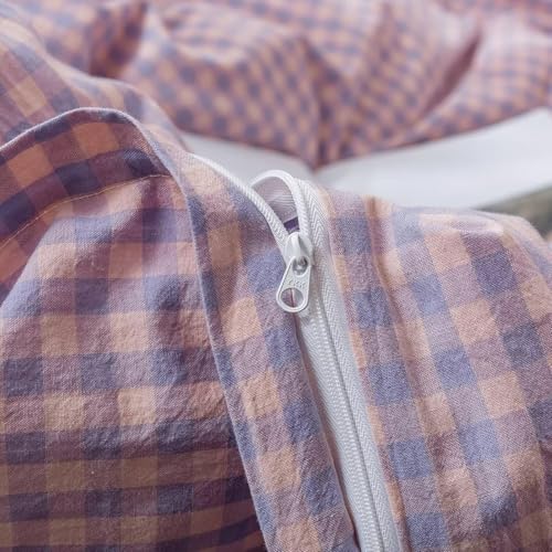 Image of mixinni Purple Gingham Grid Duvet Cover Full, 100% Washed Cotton Modern Geometric Bedding Set with 2 Pillowcases, Farmhouse Style Yellow Plaid Comforter Cover Set for Men & Women, Soft & Lightweight