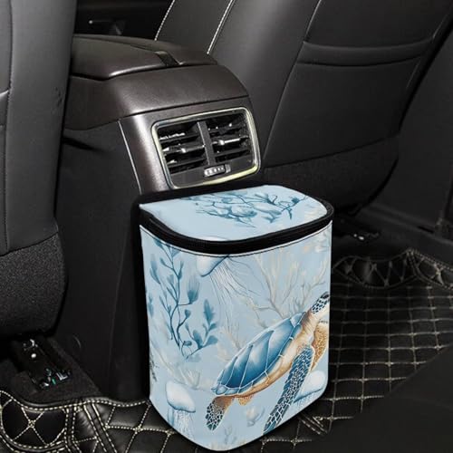 Image of Talayituse Turtle Jellyfish Coral Print Car Trash Can with Lid, Leak Proof Auto Trash Bag Hanging Vehicle Garbage Can Multipurpose Storage Container for Back Seat Road Trip