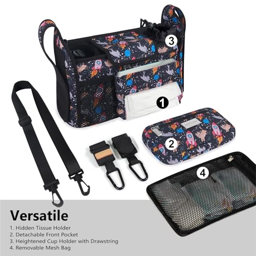 Image of TOPDesign Universal Baby Stroller Organizer, Stroller Caddy with Detachable Mesh Bag & Heightened Insulated Cup Holders & Non-Slip Secure Hooks Accessories, Fits Most Strollers (Cats & Rockets)