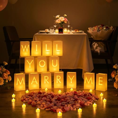 Image of Will You Marry Me Light Up Letters Luminary Bags, Marry Me Sign Banner, Romantic Proposal Decoration Kit with 30PC Bright LED Candles and 2000PC Fake Rose Petals