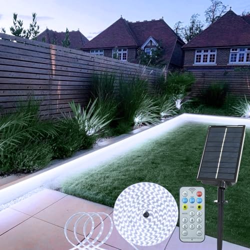echosari Solar LED Strip Lights Outdoor, 5M 320 LED Lights Strip with Remote & 8 Modes Solar Garden Lights Outdoor Waterproof for Fence Porch Gazebo Yard Trees Indoor Decor(Cool White)