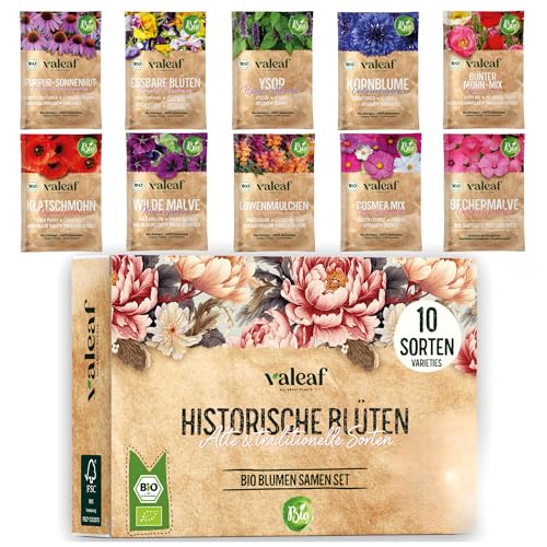 valeaf BIO Historisches Blumensamen-Set | 10 Tütchen traditionelle Blumen Samen | Garten Geschenk & Anzuchtset