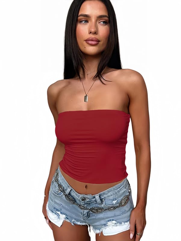 Sukiglam Crop Top Mujer Camiseta Sin Tirantes Elástico Tubo Tops Corto Bandeau Verano Camisetas Sin Mangas Y2K Shirt Sexy Sin Espalda Going out Clothes Causal Básico Blusa Fashion Ropa