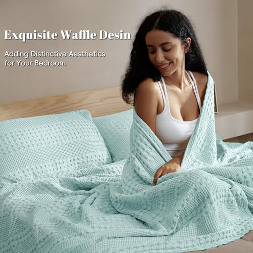 Image of PHF 100% Cotton Waffle Blanket King Size for Bed, Lightweight Breathable and Soft for Summer, Luxury Aesthetic Waffle Weave Blanket for Home Decor & Gifts for Women, 108 inchx90 inch, Mint