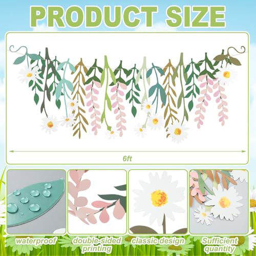 Image of Yeaqee 2 Pcs Flower Banner Garland Cute Double-Sided Waterproof Spring Floral Birthday Party Decoration Paper Backdrop for Wedding Baby Shower(Daisy,White)